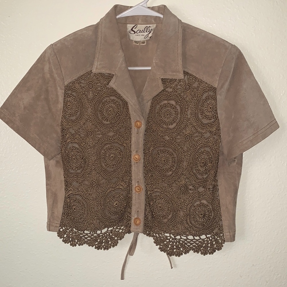 VINTAGE SCULLY LEATHER CROCHETED CROPPED TOP SIZE 10